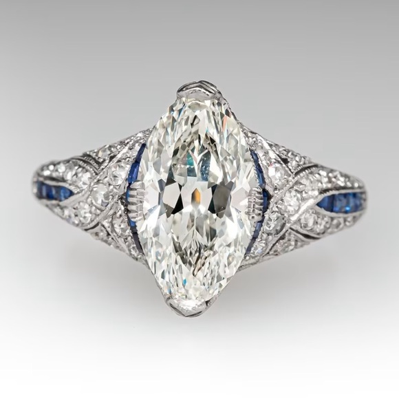 Neiman Marcus Jewelry - 9.25 Sterling Silver Marquise Moissanite Ring with Blue Sapphire Accents